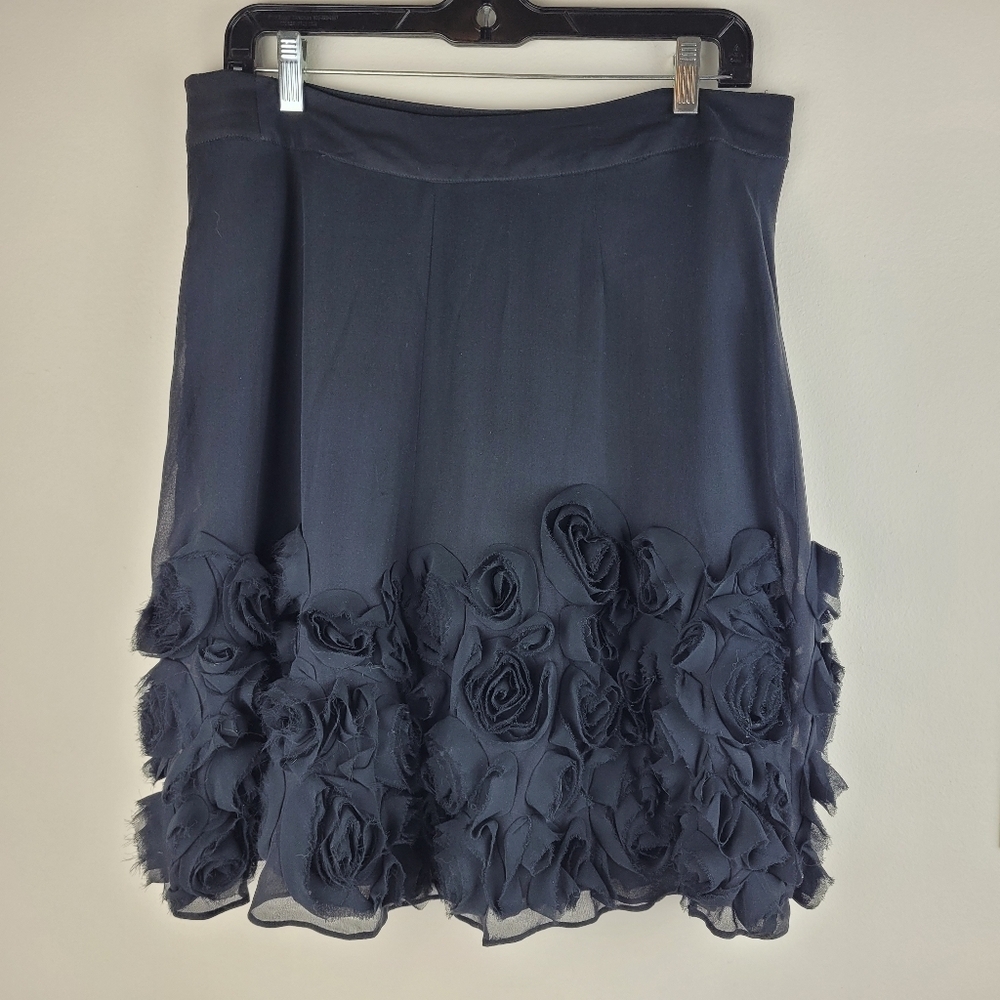 Talbots fancy black silk lined skirt chiffon 3D flowers at hem lady fancy 8P - Picture 2 of 8
